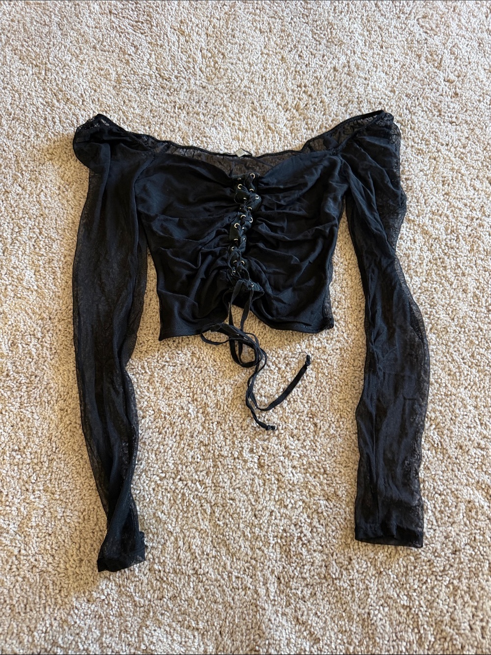 Charlotte Russe Black Off-Shoulder Lace-Up Long Sleeve Crop Top